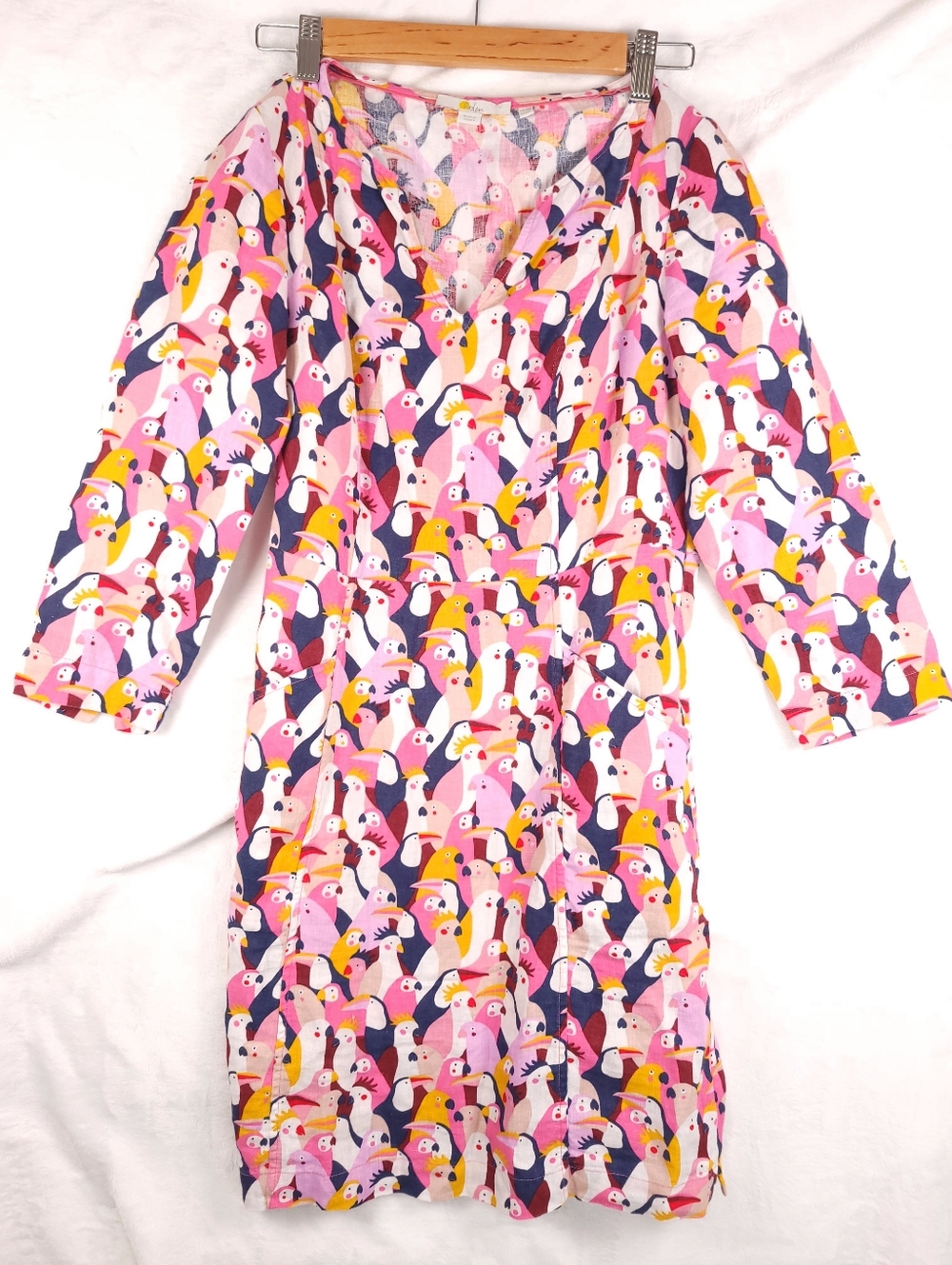 Boden 100% Linen Kelsey Linen Tunic Dress Light Pink Exotic Birds Print 6